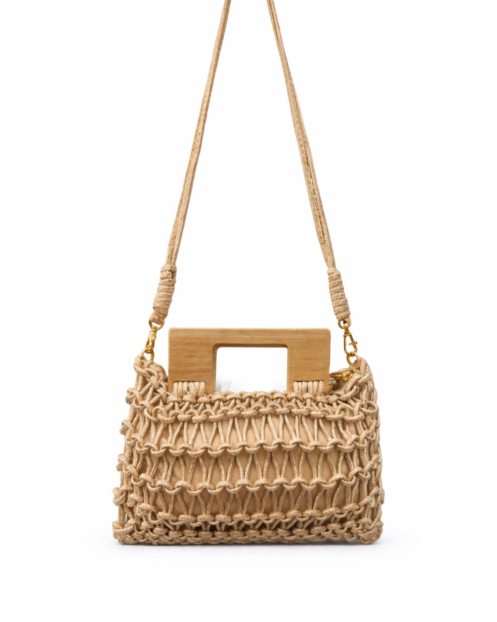 Borsa Intrecciata Beige con Manici in Legno