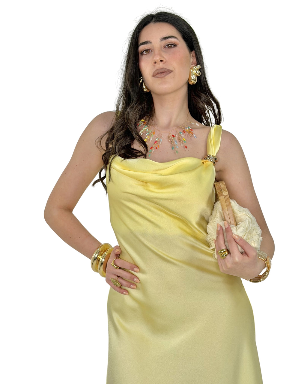 Abito Midi Satinato con Drappeggio