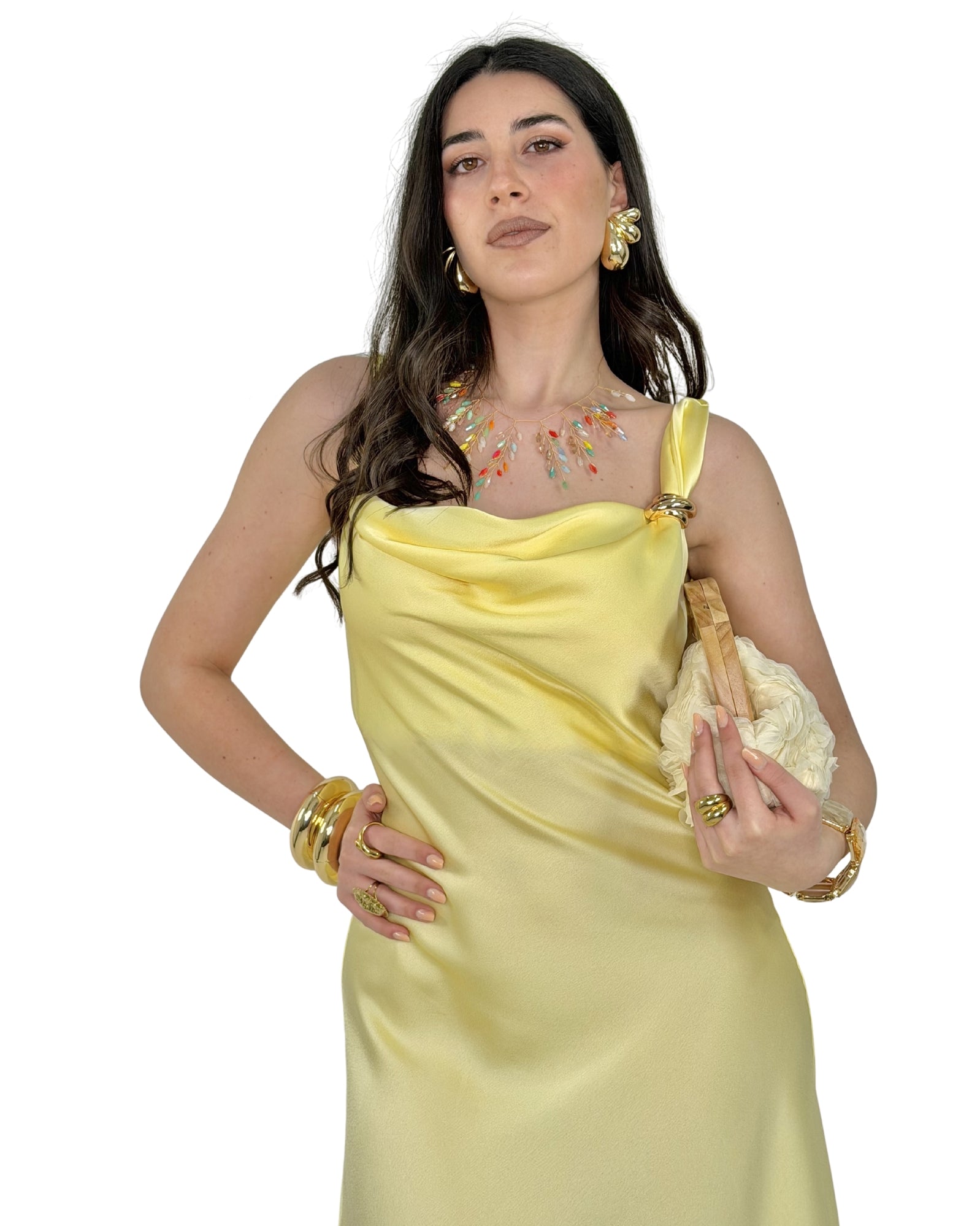 Abito Midi Satinato con Drappeggio