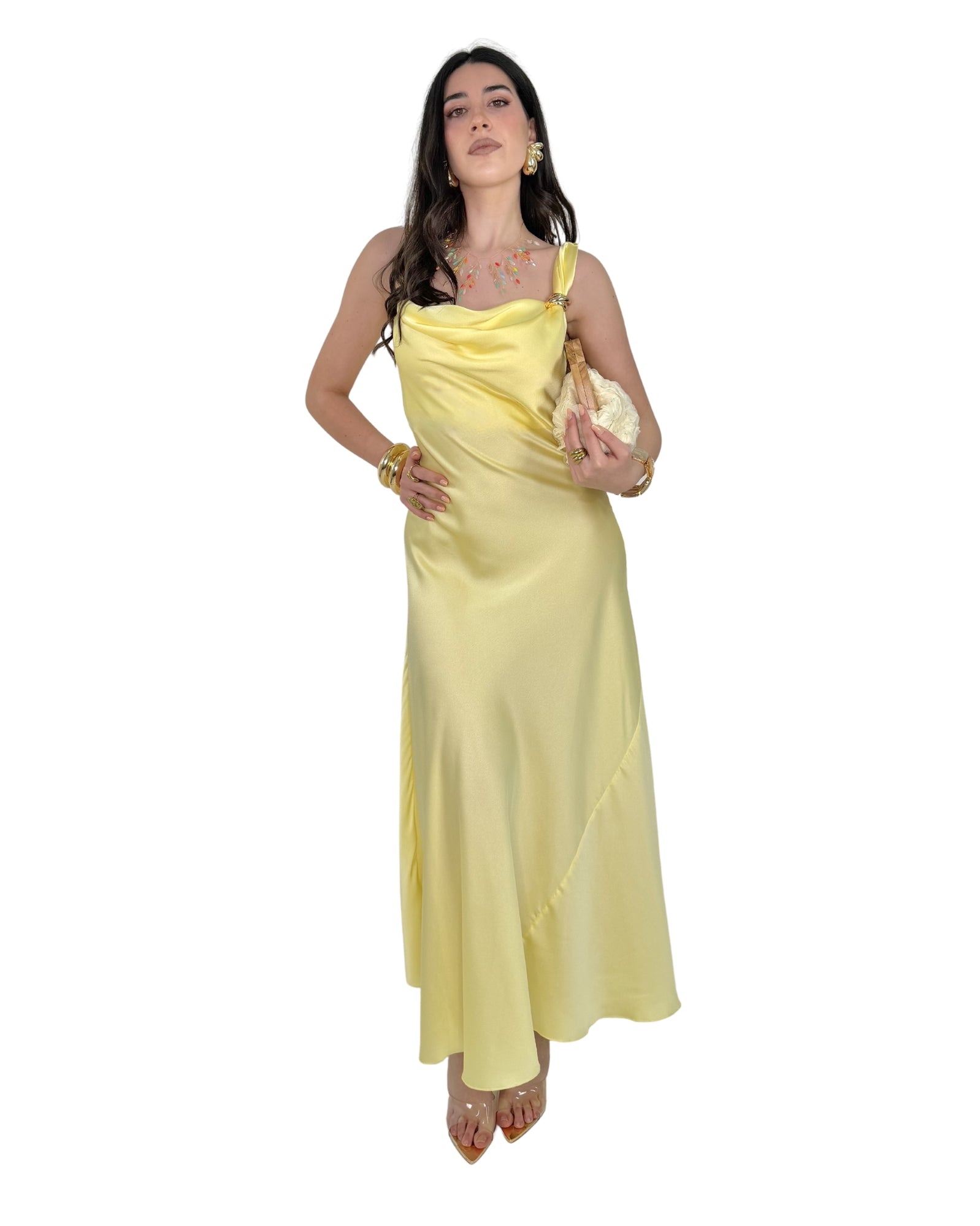 Abito Midi Satinato con Drappeggio