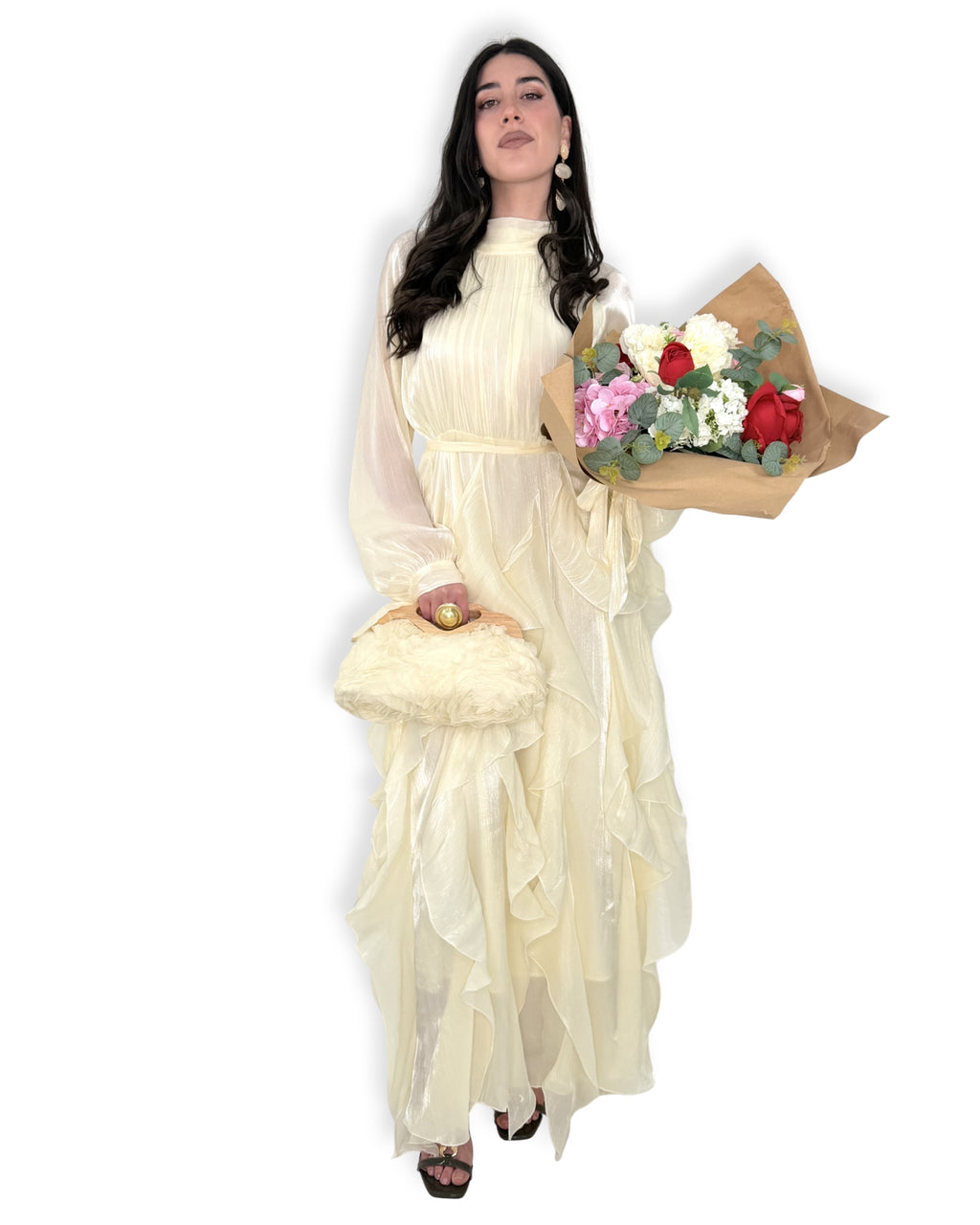 Abito Lungo in Organza Avorio con Balze Romantiche e Maniche Velate