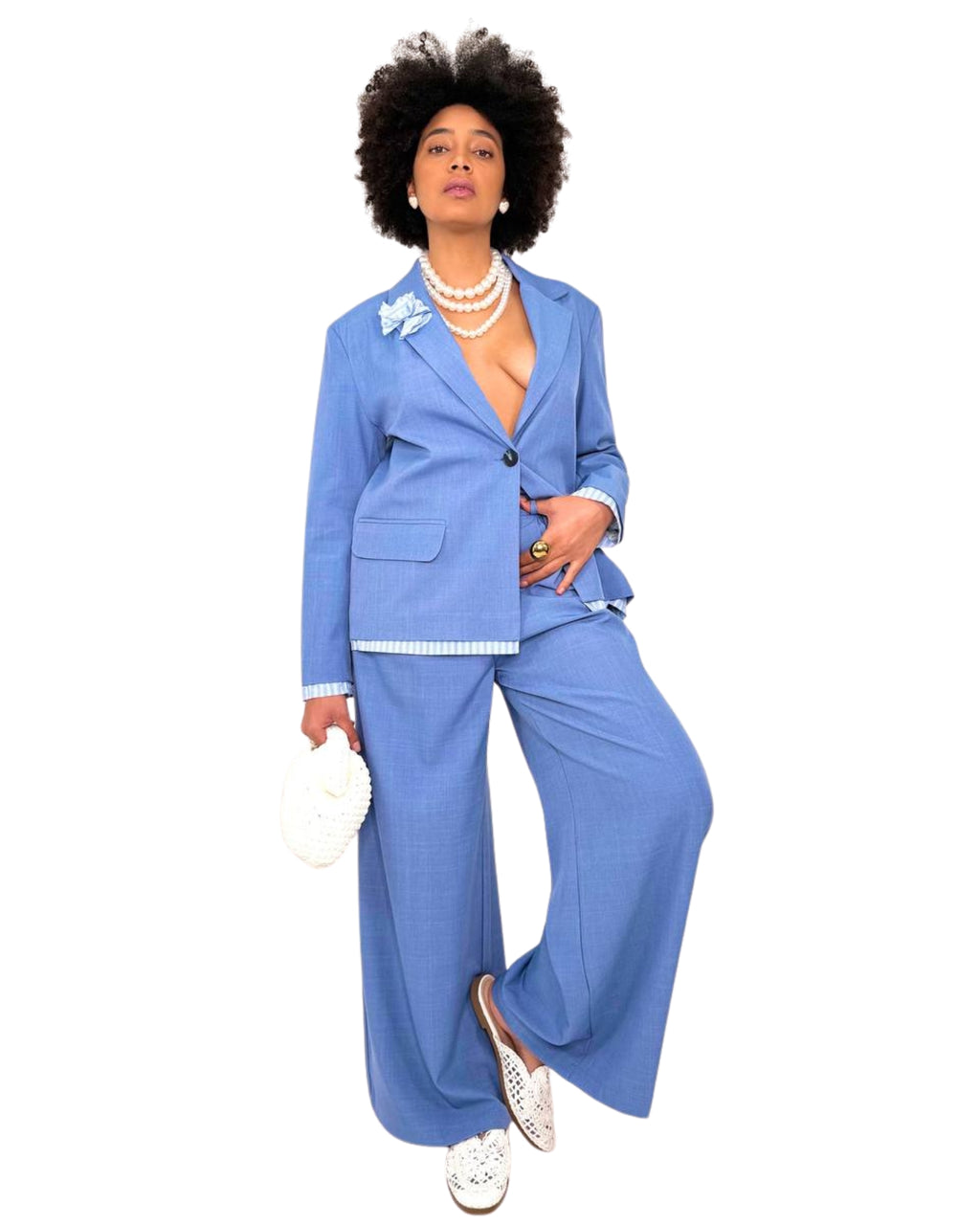 Pantalone Palazzo Donna Azzurro Polvere – Gamba Larga Elegante Vita Alta