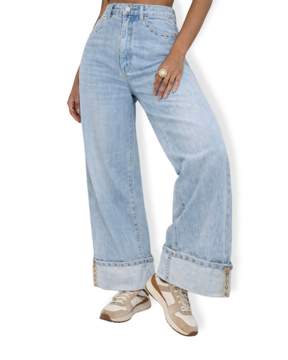 Jeans Wide Leg Vita Alta con Borchie