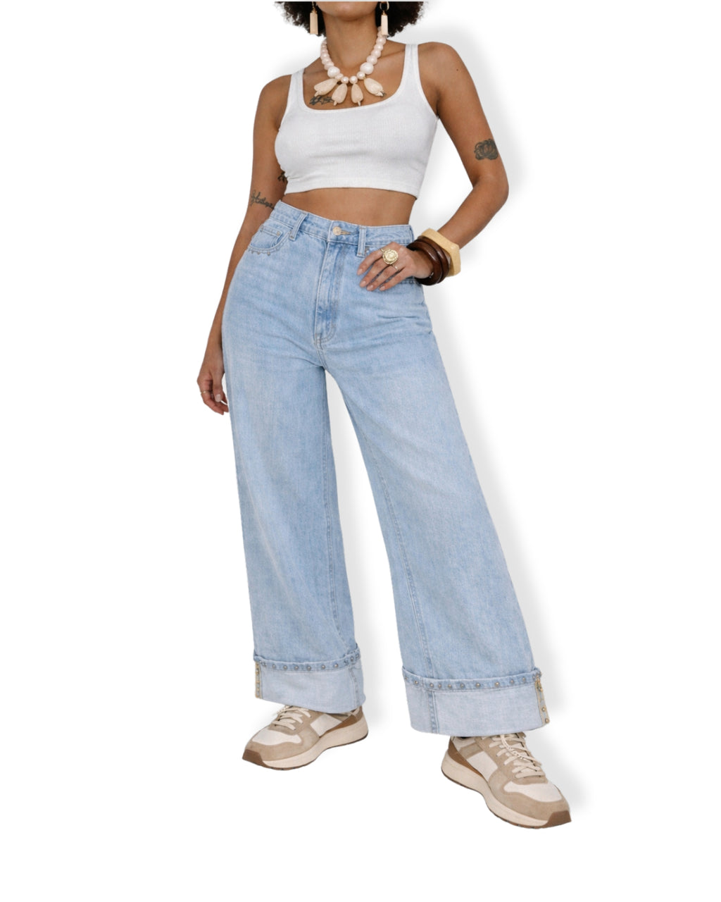Jeans Wide Leg Vita Alta con Borchie