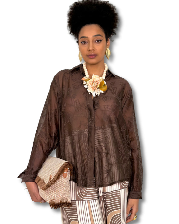 Camicia Marrone Cioccolato Semi-Trasparente con Ricamo