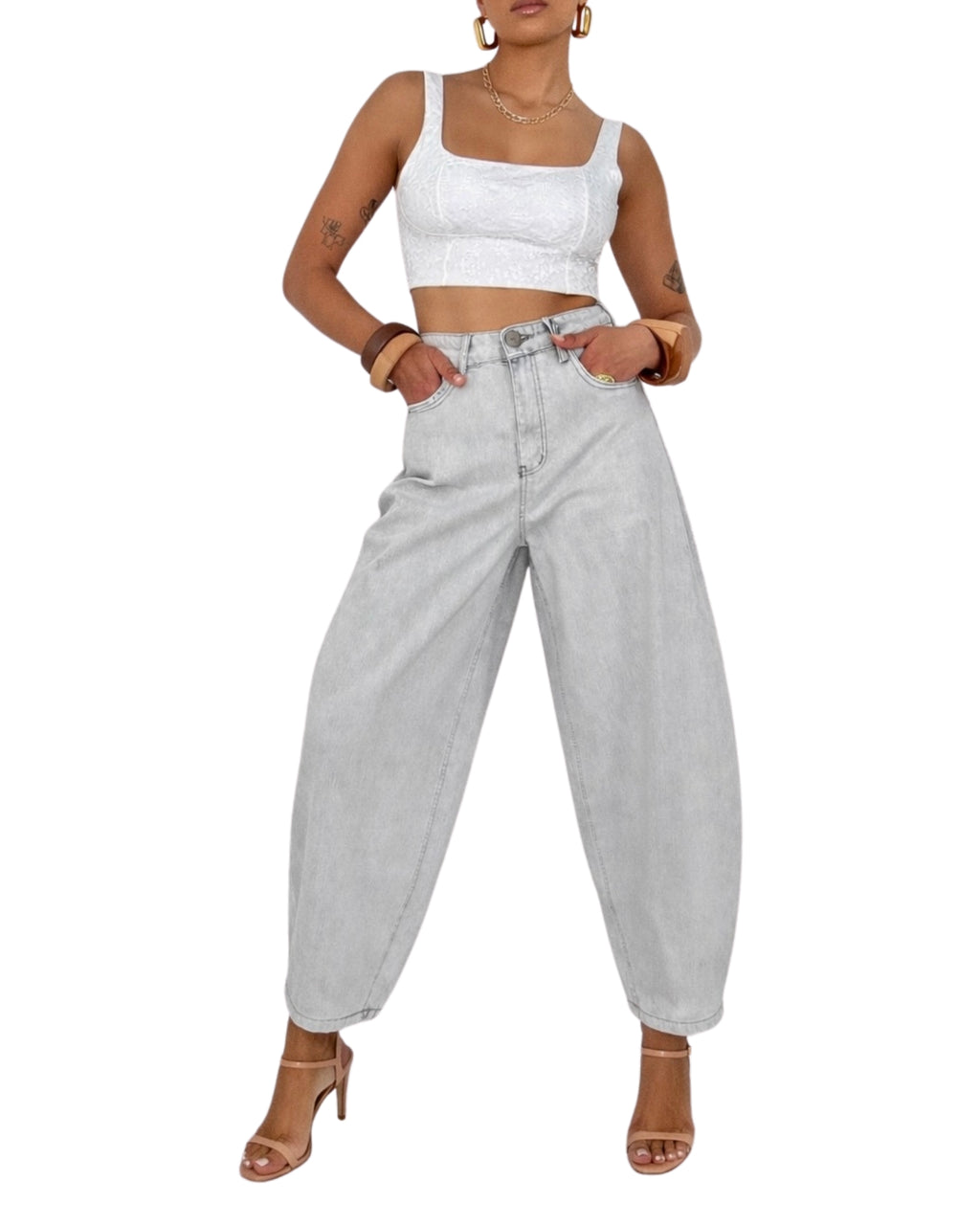Jeans Balloon Vita Alta Lavaggio Grigio Chiaro