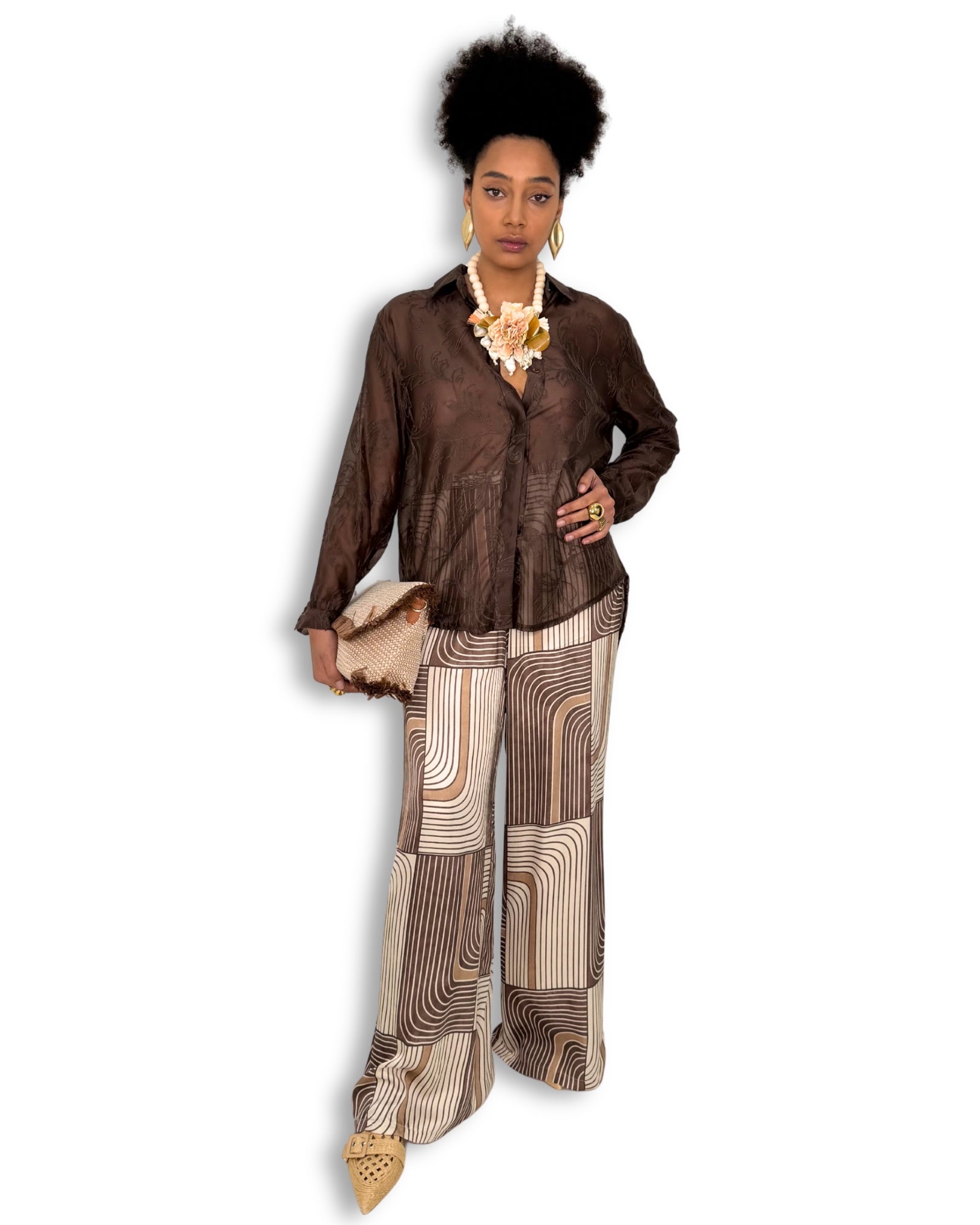 Pantaloni Palazzo Stampati Beige e Marrone