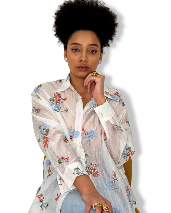 Camicia Trasparente Ricamata Floreale