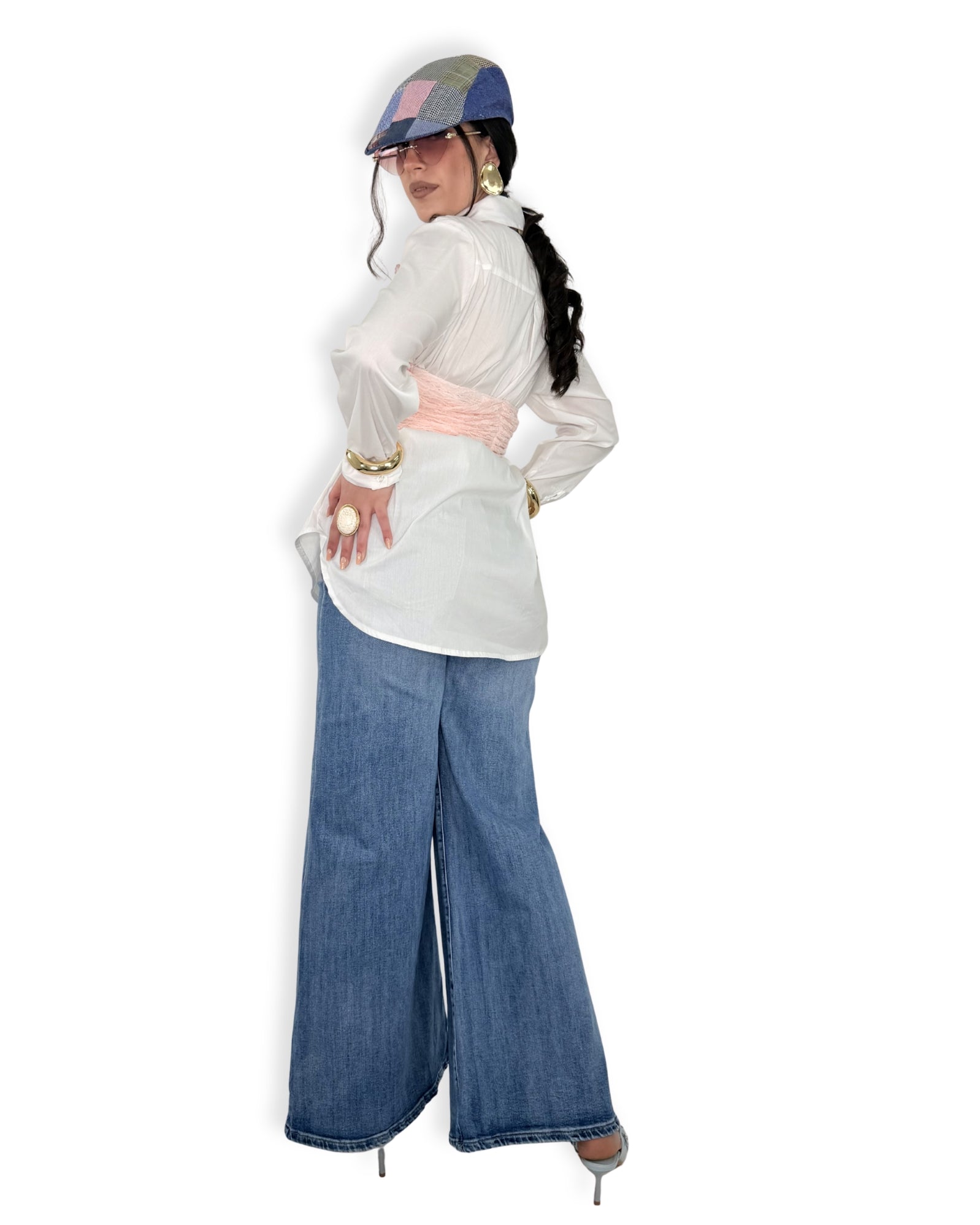 Jeans Wide Leg Vita Alta Denim Lavaggio Medio