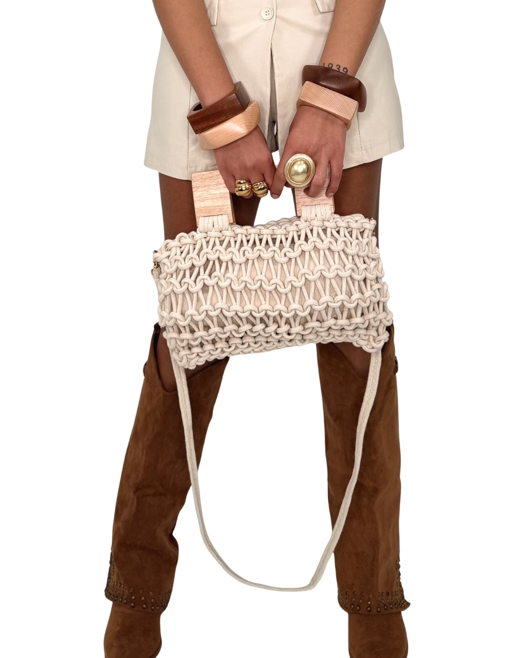 Borsa Intrecciata Beige con Manici in Legno
