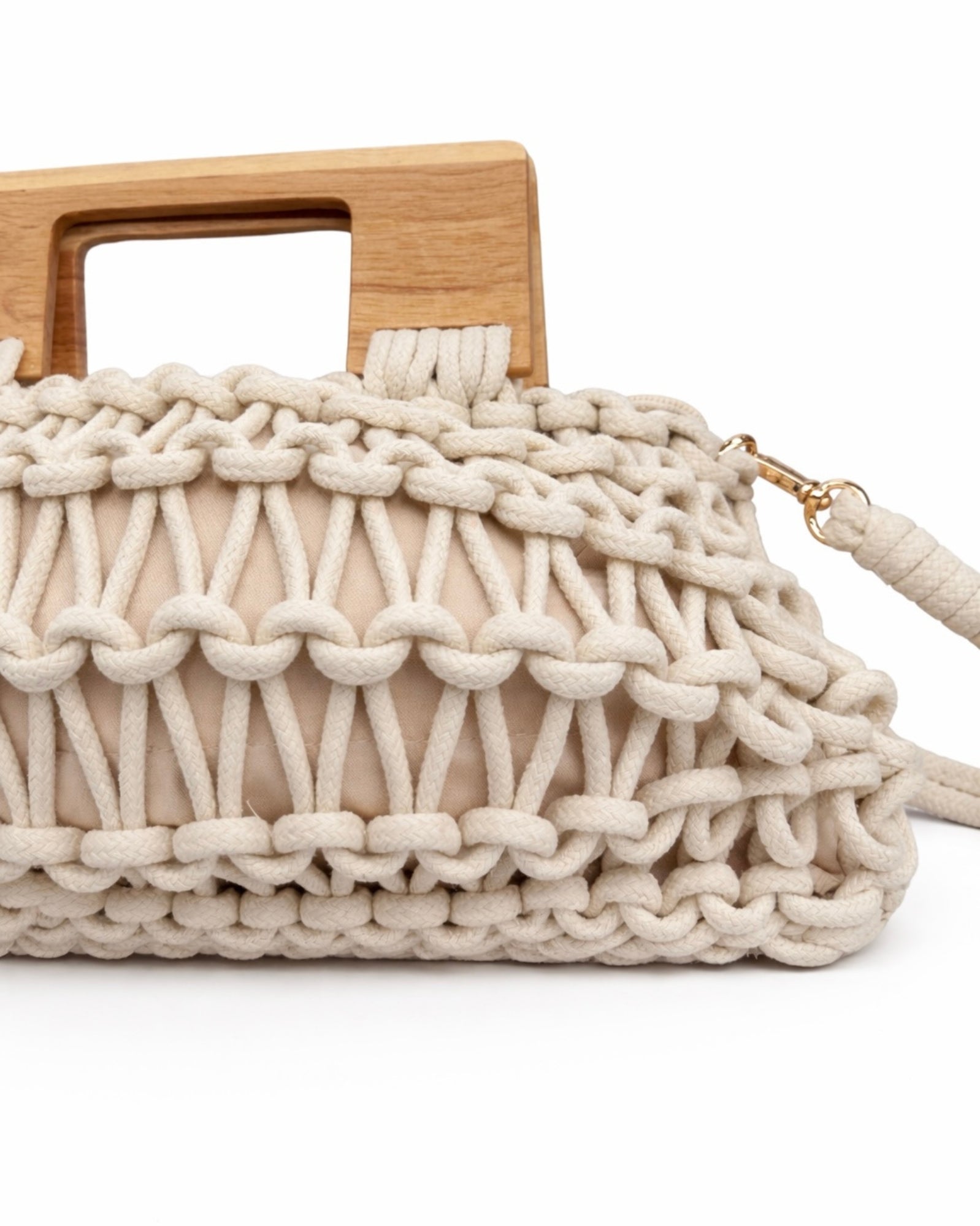 Borsa Intrecciata Beige con Manici in Legno