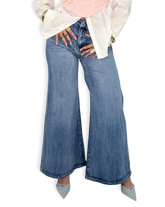 Jeans Wide Leg Vita Alta Denim Lavaggio Medio