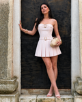 Abito Bustier Plissé con Doppia Cintura