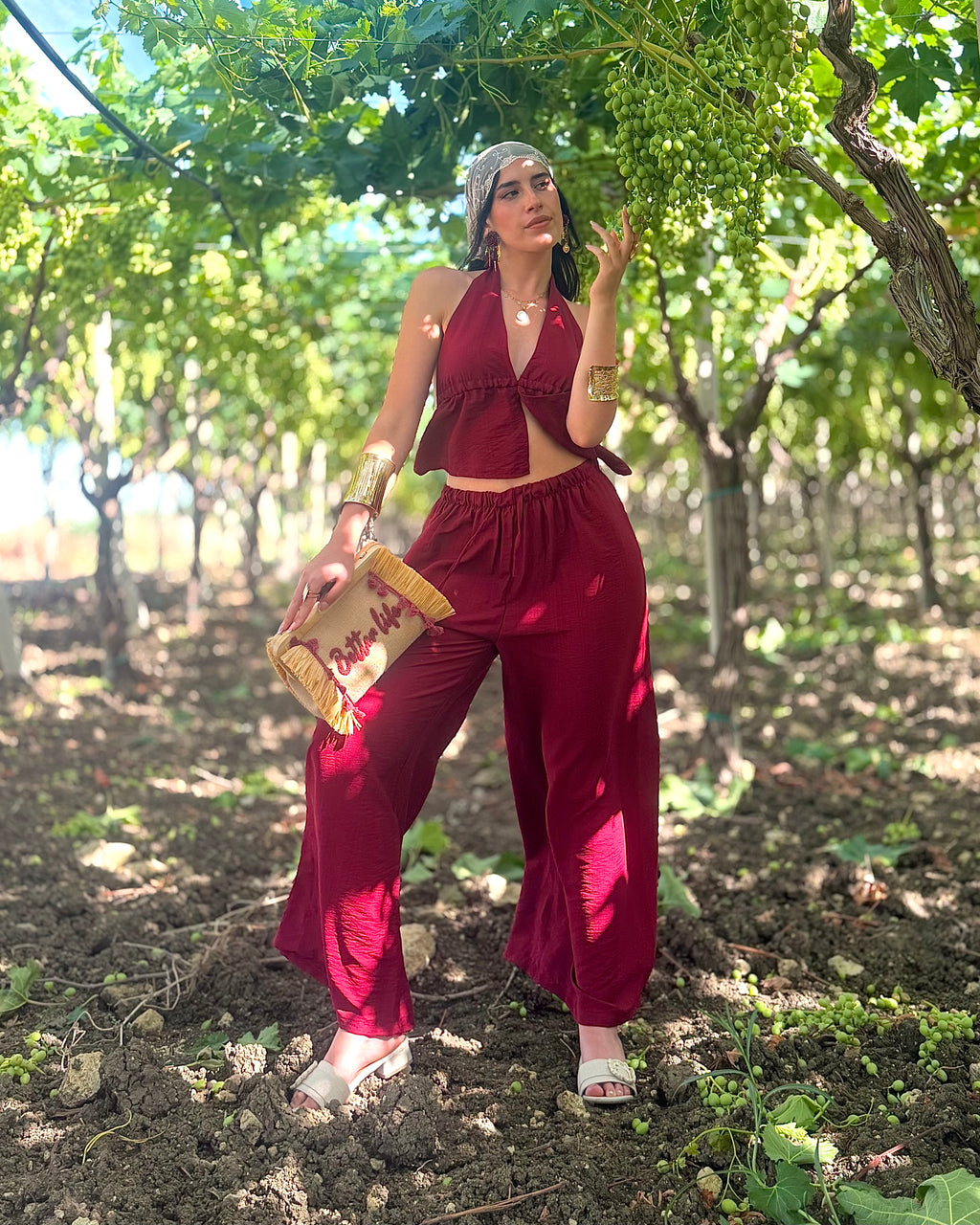 Completo Bordeaux Top Halter e Pantalone Palazzo
