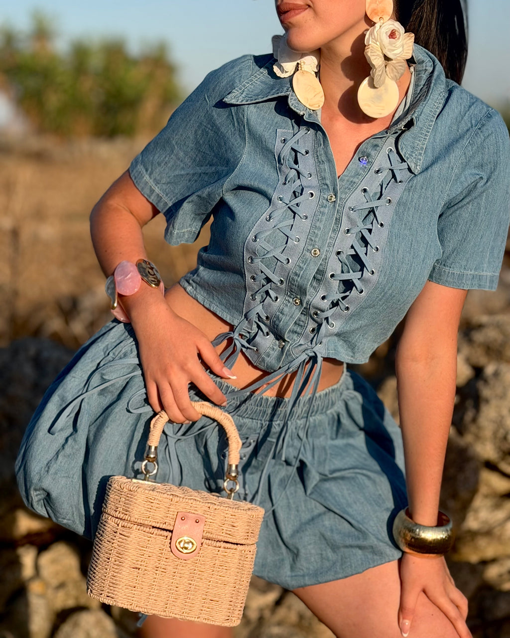 Completo Denim con Camicia e Shorts