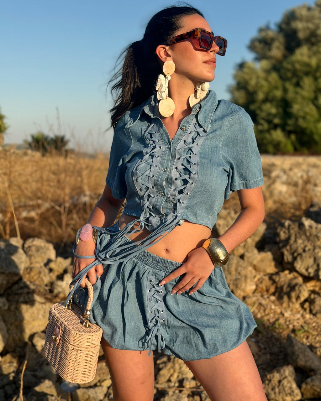 Completo Denim con Camicia e Shorts