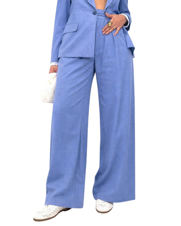 Pantalone Palazzo Donna Azzurro Polvere – Gamba Larga Elegante Vita Alta