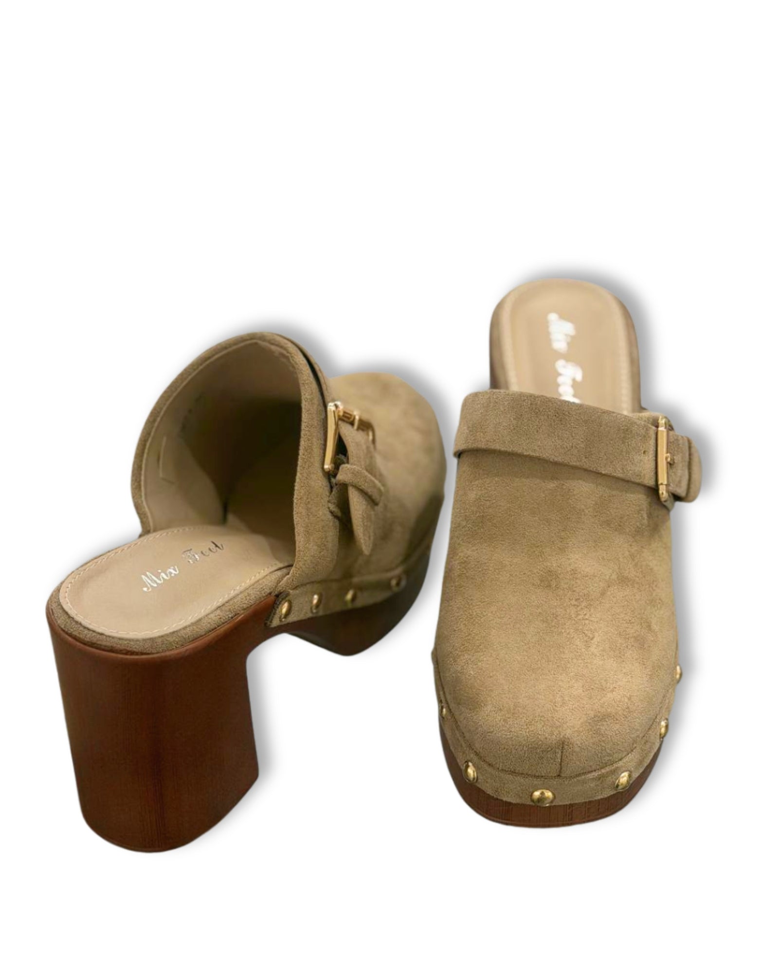Zoccoli Donna in Camoscio – Tacco Legno & Borchie Oro
