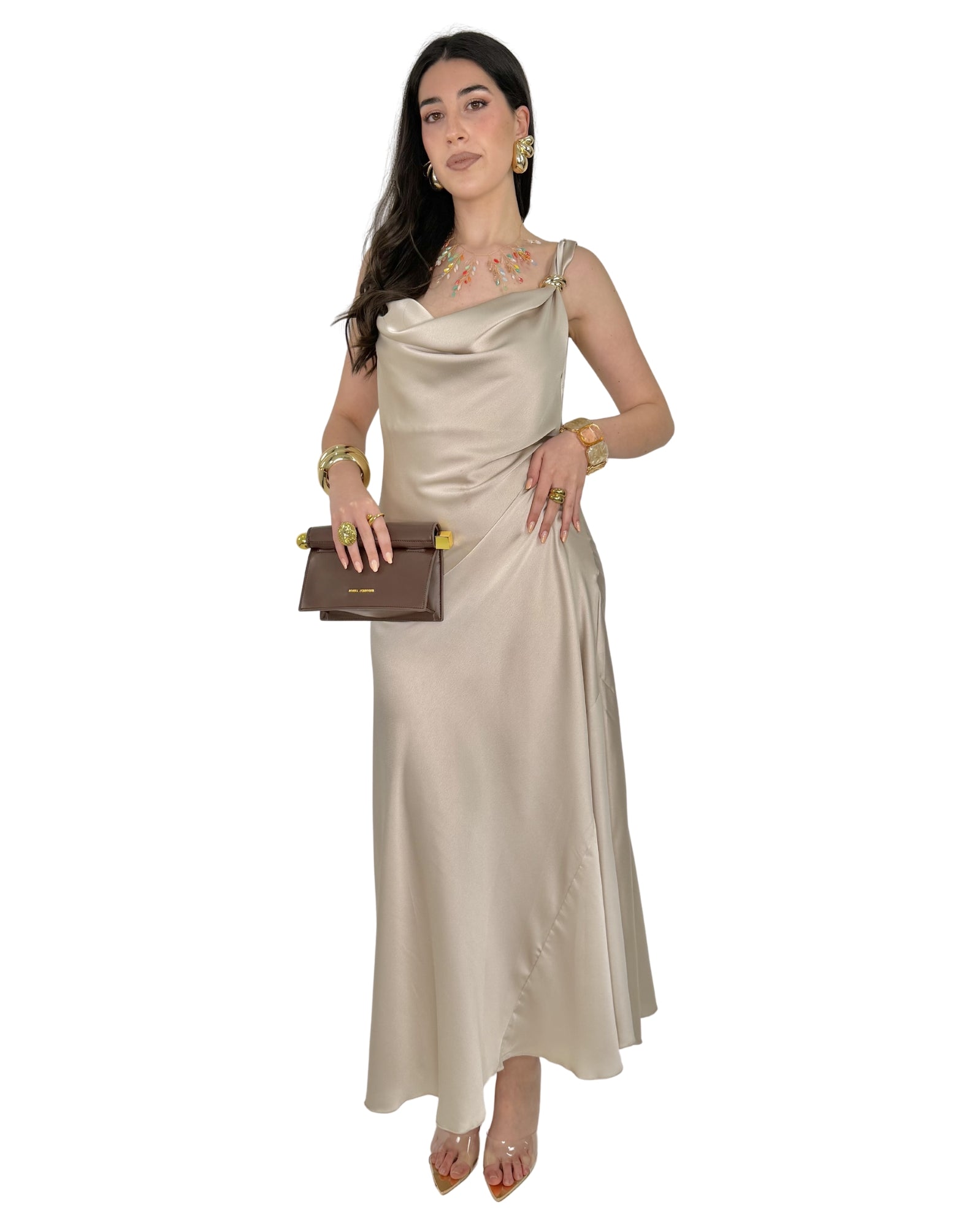 Abito Midi Satinato con Drappeggio