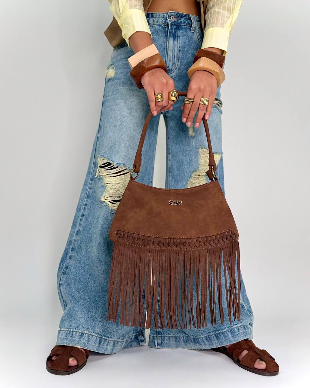 Borsa a Spalla in Ecopelle Marrone con Frange – Stile Boho Chic
