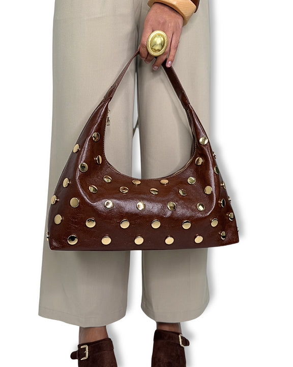 Borsa Hobo con Borchie Oro – Pelle Morbida Beige/Moro, Design Statement