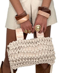 Borsa Intrecciata Beige con Manici in Legno