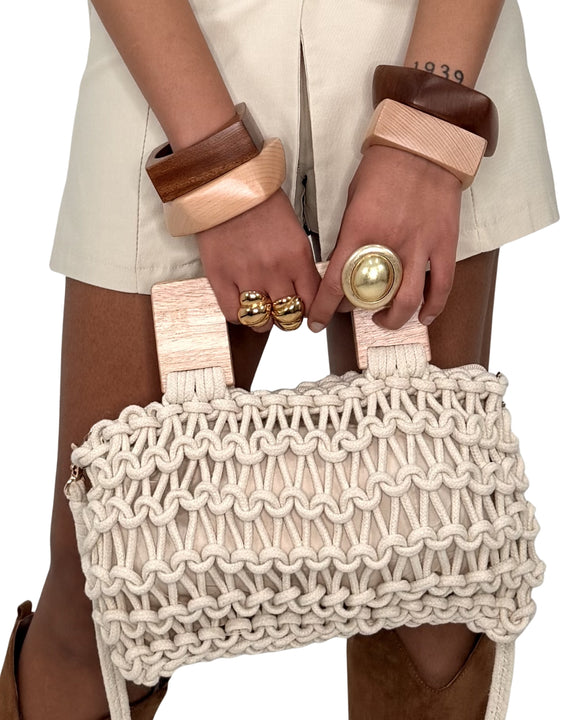 Borsa Intrecciata Beige con Manici in Legno
