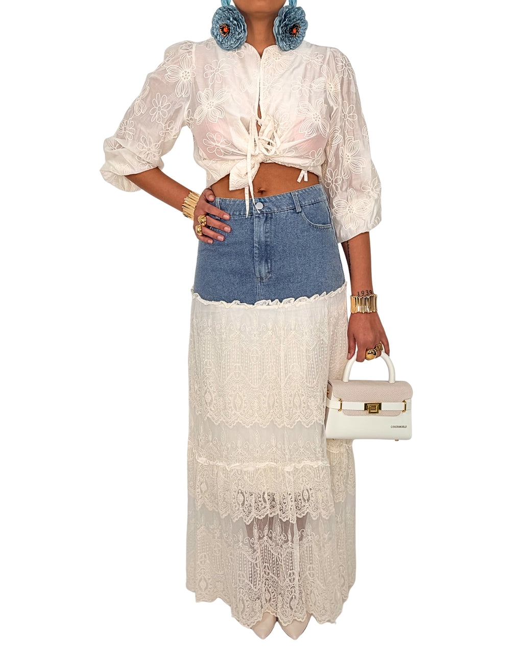 Gonna Midi Denim & Pizzo Avorio