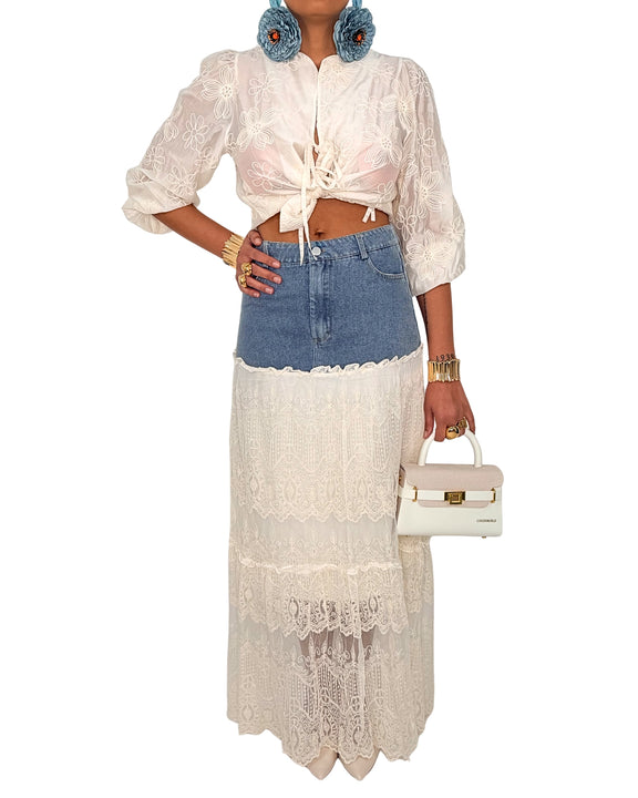 Gonna Midi Denim & Pizzo Avorio