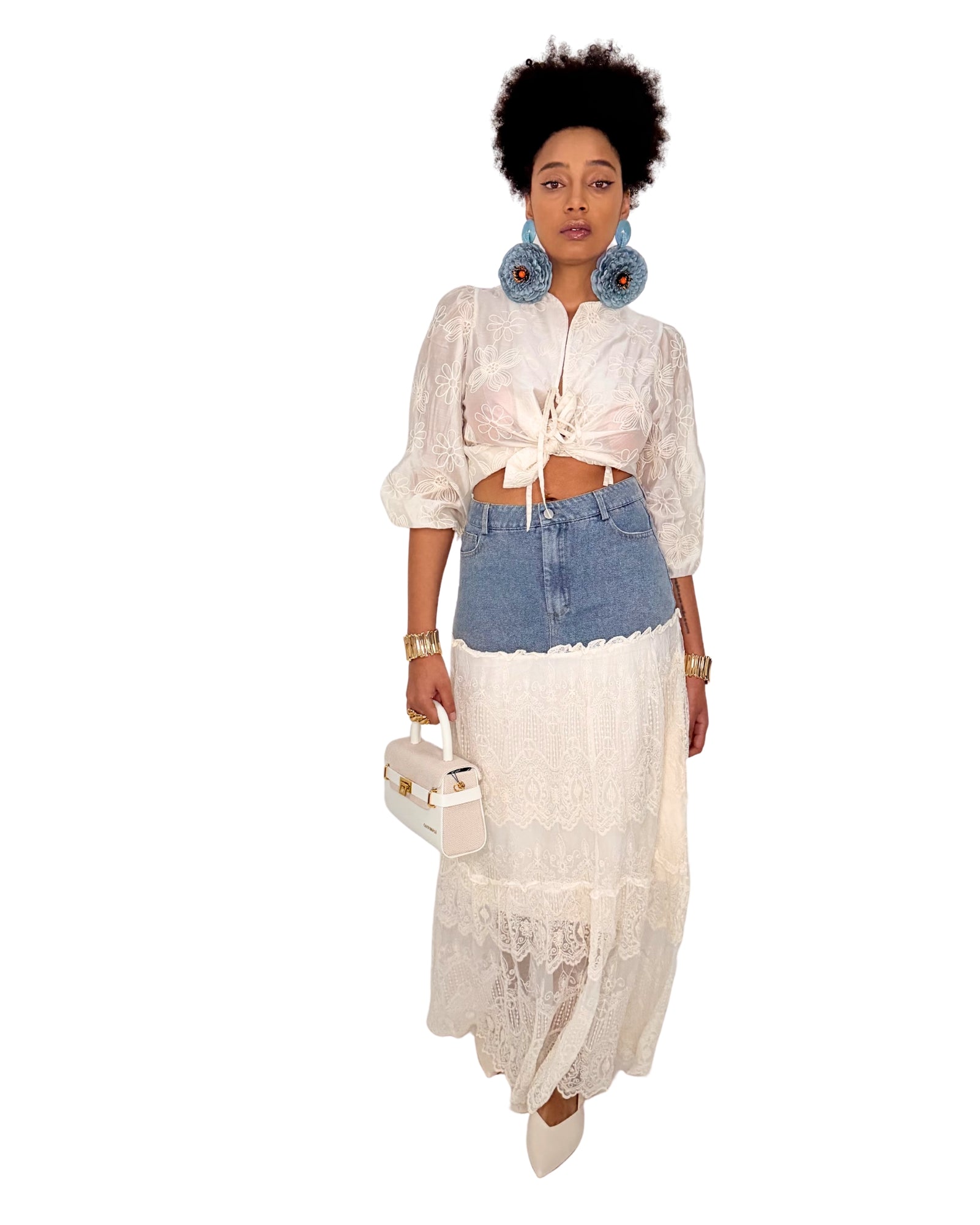 Gonna Midi Denim & Pizzo Avorio