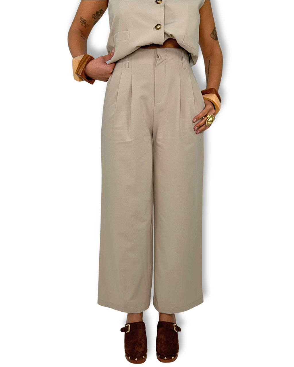 Pantalone Donna Beige Wide Leg – Vita Alta & Taglio Sartoriale